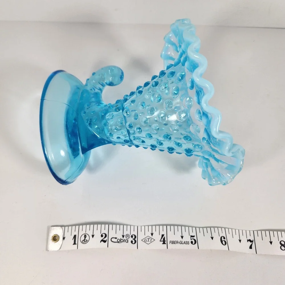 Fenton Blue Opalescent Hobnail Cornucopia Candle Holder Ruffled Rim Vase